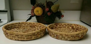 2 RARE Vintage Deep Dish Bamboo Wicker Rattan Trivet Baking Dish Holder Baskets - Picture 1 of 12