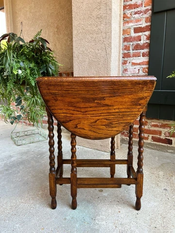 Antique English Drop Leaf Side Sofa Table Petite Oak Jacobean Bobbin Gate Leg Cover