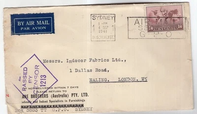 Censor de correo aéreo Sydney Australia 1941 al correo aéreo de Londres. Foto 1 de 2