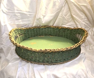 Antique Vtg. French Country painted Wicker Tray Basket 16" - Picture 1 of 12