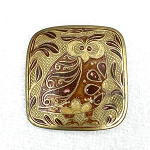 Vintage Cloisonne Belt Buckle Owl Brass Enamel India 2.5" x 2.75" Square - Picture 1 of 4