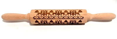 Reindeer & Christmas Tree Design Embossed Natural Wooden 14” Rolling Pin EUC - Image 1 of 4