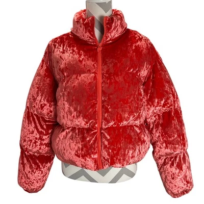 Fabletics Womens Cropped Velvet Puffer Jacket Full Zip Coral Red Size Small - Image 1 of 4