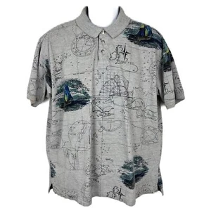 Regatta Polo Shirt Men Large Grey World Map Sailboat Print Short Sleeve Casual - Picture 1 of 12