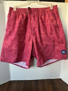 AFTCO Swim Trunks Pink Red Fish Print Pocket Lined Elastic Waist Mens Size M - Picture 1 of 11