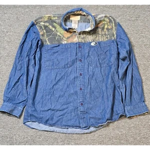 Mossy Oak Denim Shirt Camo Long Sleeve Button Up Mens L Hunting - Picture 1 of 3