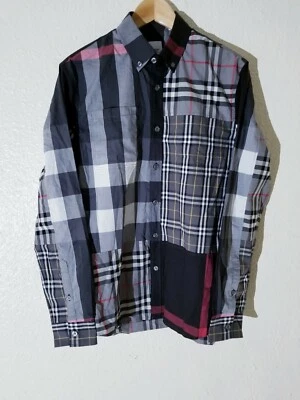 Authentic Burberry Patchwork Madras red gray black Nova Check Shirt men L large - Image 1 of 4