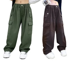 Kids Girls Wide Leg Cargo Pants Baggy Straight Athletic Workout Joggers Trousers - Picture 1 of 29