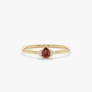 Certified 14k Gold Pear Cut Red Garnet & Diamond Dainty Stacking Band Ring - Picture 1 of 15