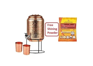 5 Ltr Copper Water Dispenser Tank Pot + 2 Copper Glass & Stand +Free Pitambari - Picture 1 of 3