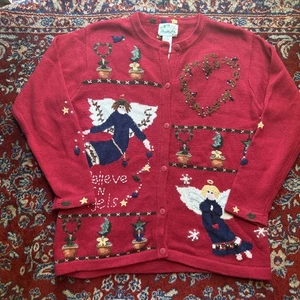 Vintage Grandma Knit Cardigan Sweater Women’s Small Red Angels 90s - Picture 1 of 7