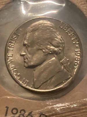 1986-P Jefferson Nickel BU Uncirculated 5 Full Steps in Mint Cello - Image 1 of 4