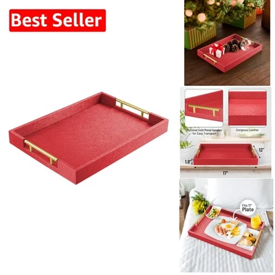 Elegant 17" x 12" Wood Serving Tray with Gold Handles - Red Decorative Platter - Image 1 of 4