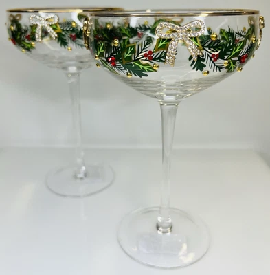 NUEVO VASOS CUPÉ de Navidad Estrás Arcos Dorados Guirnalda de Acebo Joya JUEGO DE 2 Foto 1 de 4