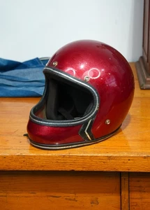 Vintage 1970s OPEN FACE MOTORCYCLE HELMET RED METAL FLAKE SNOWMOBILE XL - Picture 1 of 13