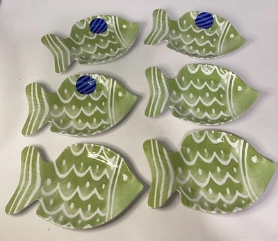 Set-6 Cynthia Rowley Green Melamine Fish Snack Plates Cabin/Fishing Home Decor - Image 1 of 2