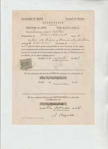 Facultad de Derecho Sevilla Papeleta Examen con Sello Fiscal año 1930-1 (HF-160) - Picture 1 of 1