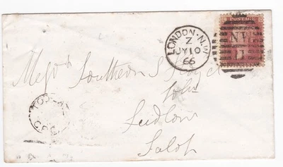 1866 QV FINE 1d PENNY RED STAMP PLATE96 ON LONDON COVER TO LUDLOW GPO TOO LATE - Image 1 of 3