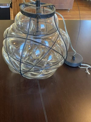 Large Blown Glass Globe Caged Pendant Light Industrial Retro-Modern - Image 1 of 4