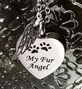 Pet Cremation Ash Necklace My Fur Angel Wing Charm Pendant Urn Paw Dog Cat Heart - Picture 1 of 2