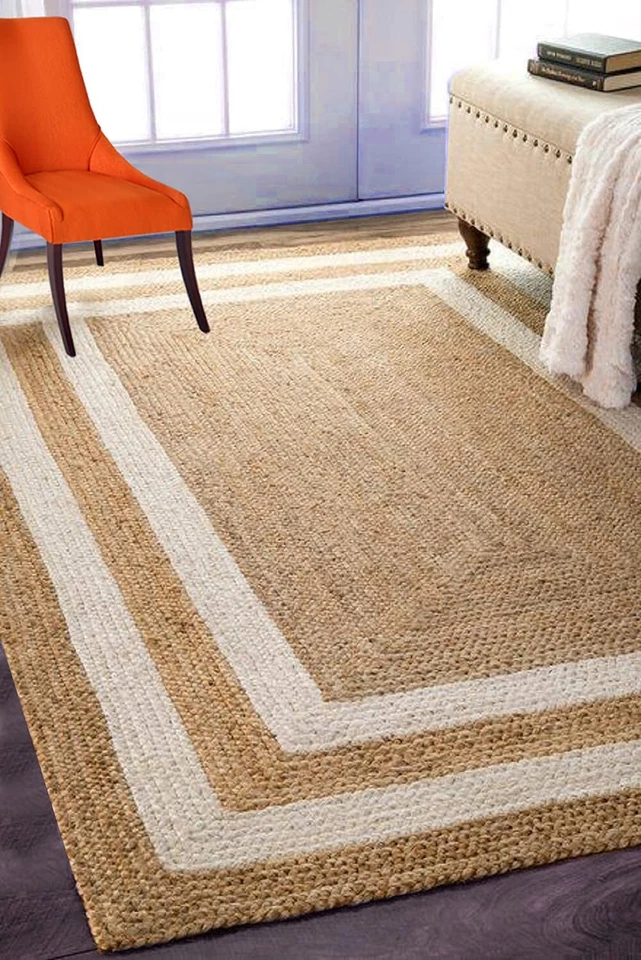 100% Natural Braided Jute Area Rug Bedroom Home Decor Reversible Bohemian Carpet - Image 1 of 4