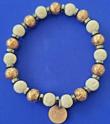 Volcanic lava rock White and bronze tone beaded unisex stretch bracelet w charm - Image 1 of 4