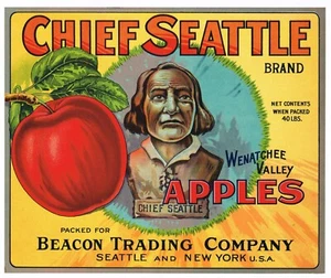 ORIGINAL 1930S APPLE CRATE LABEL VINTAGE SEATTLE CHIEF INDIAN NEW YORK WENATCHEE - Picture 1 of 1