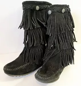 Minnetonka Mokassin Fransen Leder Stiefel Jugend Mädchen Gr. 12 schwarz 2659 3-lagig - Bild 1 von 12