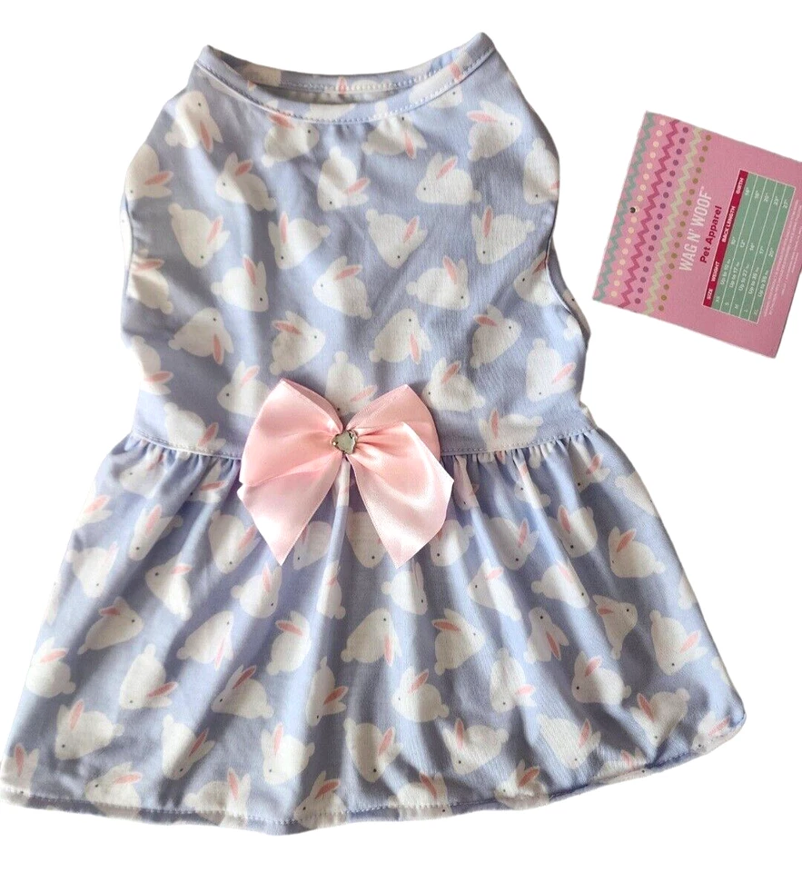 Vestido Wag N Woof púrpura, rosa y blanco conejitos, gema, lazo satinado cachorro/perro, XS Foto 1 de 4