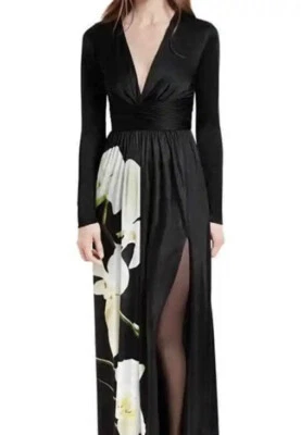 Altuzarra x Target Black Satin Maxi Dress Orchid Floral Print Vneck Size Small - Image 1 of 4