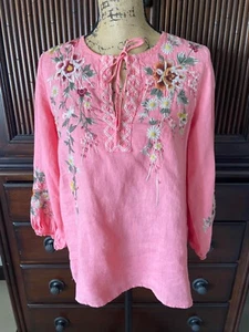 Johnny Was Linen Coral Embroidered Tie V Neck Long Sleeve Peasant Top Size Small - Picture 1 of 15