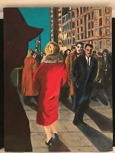 Original Oil Painting NYC Street Scene Retro Female Red Coat - Picture 1 of 3