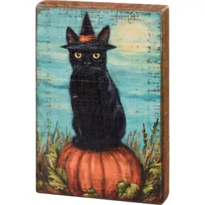 Multicolor Unique Canvas Home Decor Wooden Cat Witch Block Sign - Picture 1 of 4
