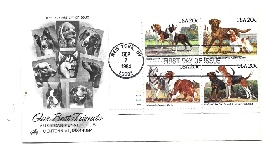 2098-01 Dogs ArtCraft plate block, FDC - Image 1 of 1