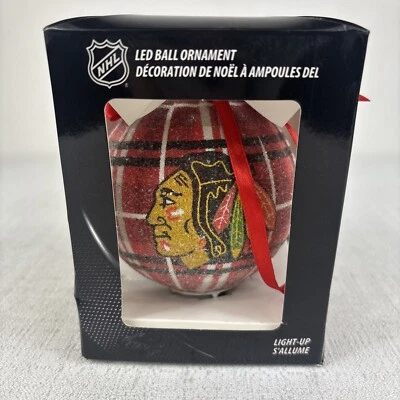 NHL Chicago Blackhawks LED Light Up Ball Ornament Glitter Plaid Hockey - Image 1 of 4
