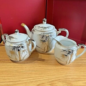 ANTIQUE JAPANESE KUTANI PORCELAIN BONE CHINA TEA POT, CREAMER, SUGAL BOWL - Picture 1 of 11