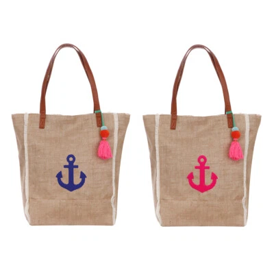 Canvas Shopper Anker mit Bommel neon Tragetasche Beutel maritim in Naturoptik - Bild 1 von 4