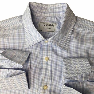 Charles Tyrwhitt Dress Shirt Mens 17/35 Blue Micro Check French Cuffs - Image 1 of 4