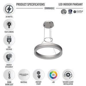 LED Chandelier Pendant Light 29W, 1-Ring 3000K Dimmable Hanging Lamp for Bedroom - Picture 1 of 18