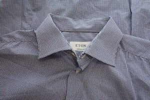 Eton Contemporary White Blue Gingham Plaid 100% Cotton Dress Shirt Sz 16.5
