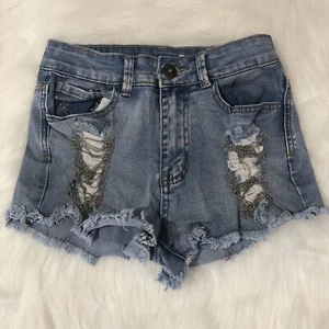 Love Culture Jean Shorts Womens Small Blue Distressed Cutoff Denim Chain Raw Hem - Picture 1 of 6