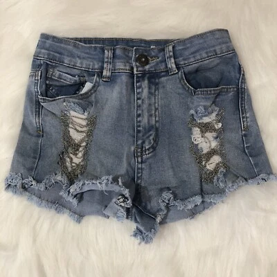 Pantalones Cortos de Jean Love Culture Para Mujer Pequeños Azul Desgastado Corte Denim Cadena Dobladillo Crudo Foto 1 de 4