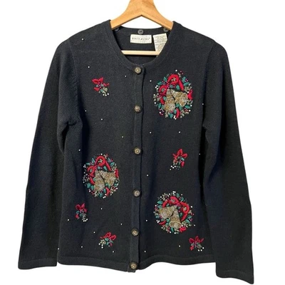 Vintage White Stag Womens Embroidered Christmas Cardigan Sweater Size S Beaded - Image 1 of 4