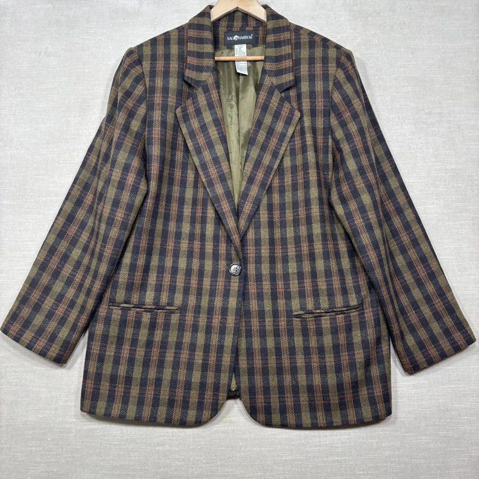 Vtg Sag Harbor Women’s Wool Blend Plaid Blazer Jacket Medium Academia 80s Retro - Image 1 of 4