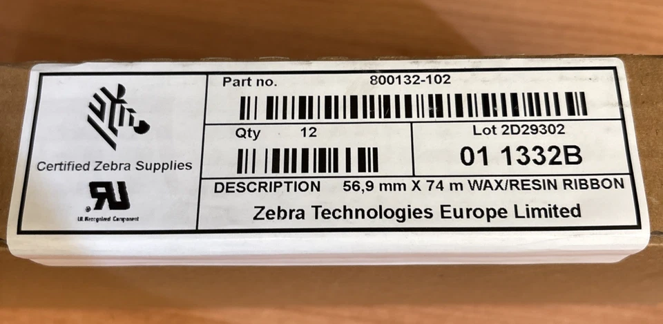 ZEBRA RESIN RIBBON 56,9MM X 74M QTY 12 P/N 800132-102 - Immagine 1 di 1