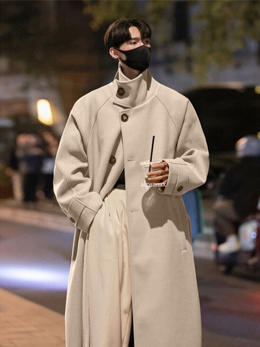 OFF WHITE Cappotto uomo coreano al ginocchio lana inglese ispessito caldo giacca a vento