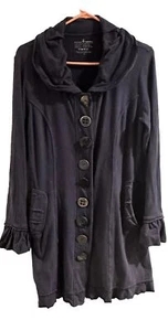 Neon Buddha Long Cardigan Jacket S Navy Blue Buttons Ruffle Pocket Art To Wear - Picture 1 of 13