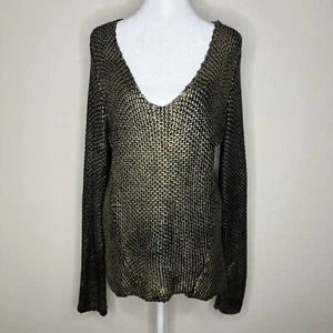 Line Knitwear Black & Metallic Gold V-Neck Long Sleeve Woven Knit Sweater Sz L - Picture 1 of 11
