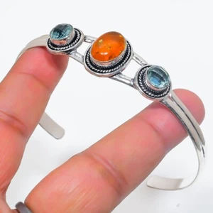 Baltic Amber Gemstone Handmade 925 Sterling Silver Jewelry Bangle Size 7-8" - Picture 1 of 1
