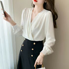 Women Elegant V Neck Ruche Long Sleeve Silk Satin Business Work Shirt Blouse Top